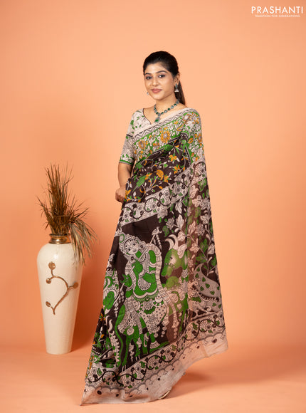 Kalamkari semi silk saree coffee brown and light green with allover prints and mangalgiri border