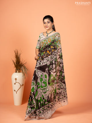 Kalamkari semi silk saree coffee brown and light green with allover prints and mangalgiri border