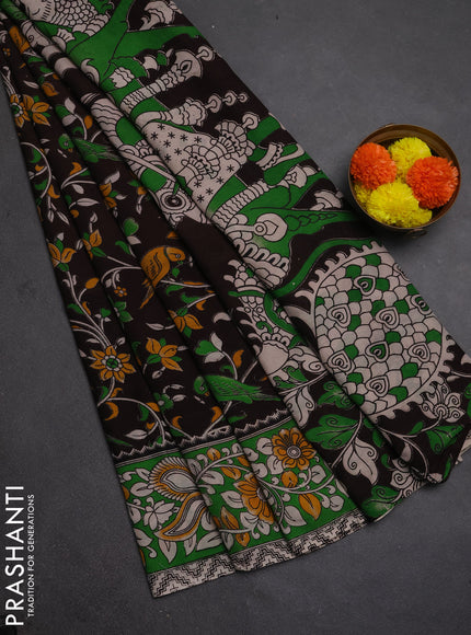Kalamkari semi silk saree coffee brown and light green with allover prints and mangalgiri border