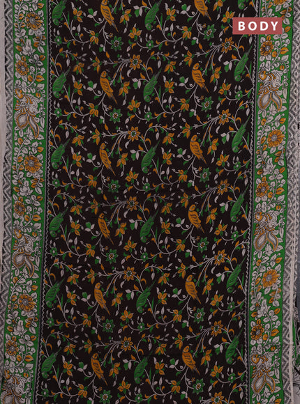 Kalamkari semi silk saree coffee brown and light green with allover prints and mangalgiri border
