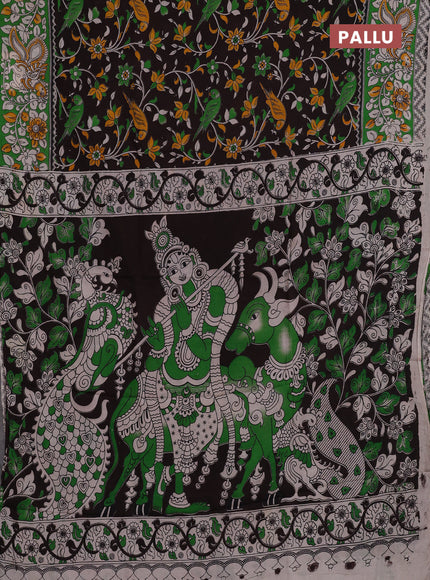 Kalamkari semi silk saree coffee brown and light green with allover prints and mangalgiri border
