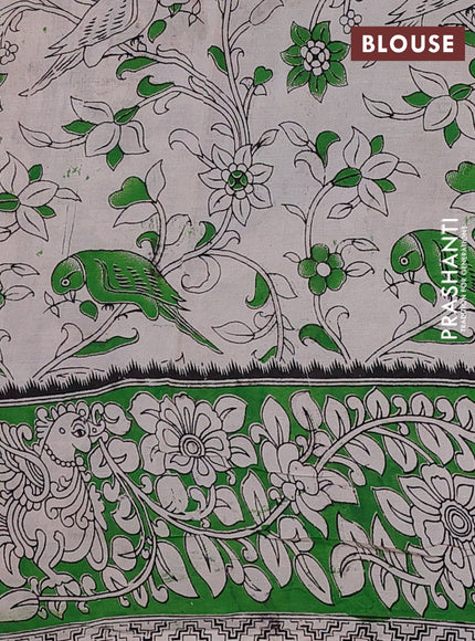 Kalamkari semi silk saree coffee brown and light green with allover prints and mangalgiri border