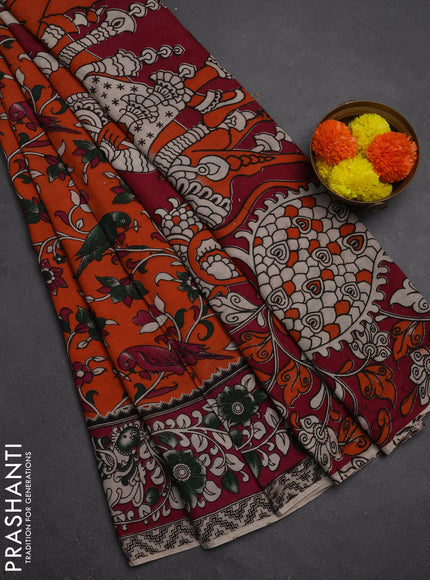 Kalamkari semi silk saree orange and magenta pink with allover prints and printed border