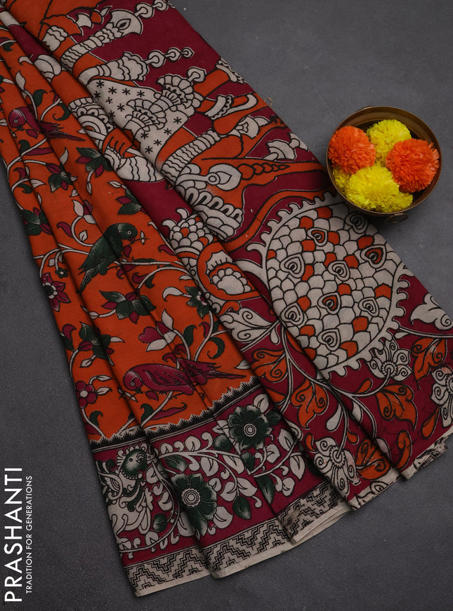 Kalamkari semi silk saree orange and magenta pink with allover prints and printed border