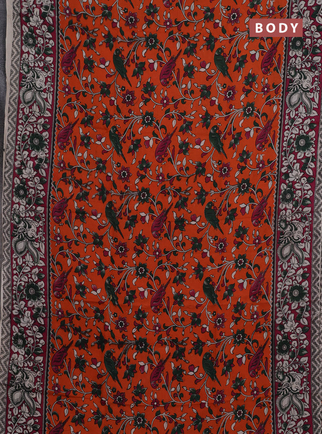 Kalamkari semi silk saree orange and magenta pink with allover prints and printed border