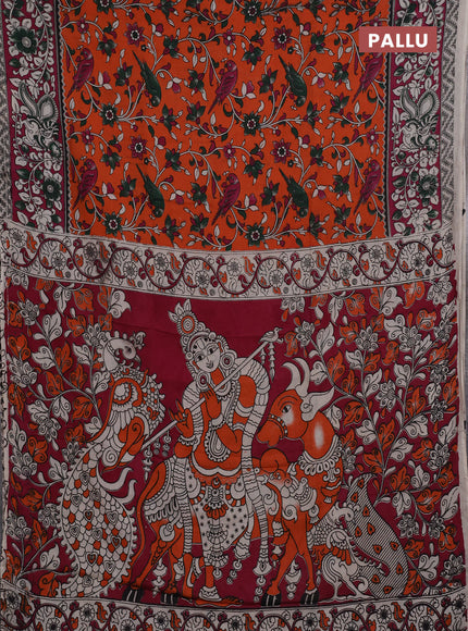 Kalamkari semi silk saree orange and magenta pink with allover prints and printed border