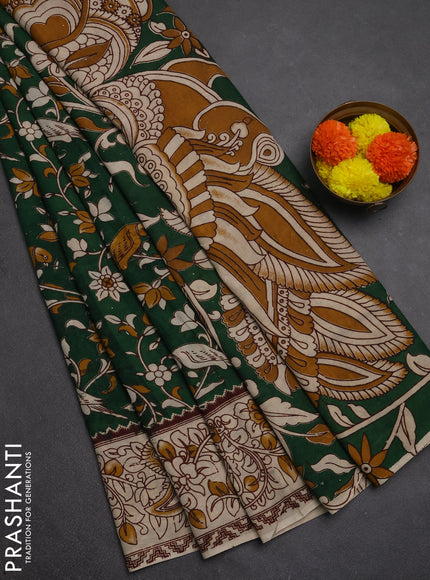 Kalamkari semi silk saree green and beige with allover prints and printed border