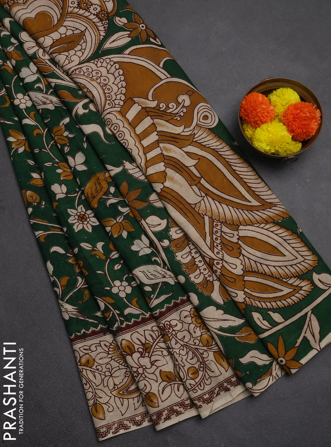 Kalamkari semi silk saree green and beige with allover prints and printed border