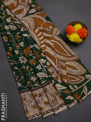 Kalamkari semi silk saree green and beige with allover prints and printed border