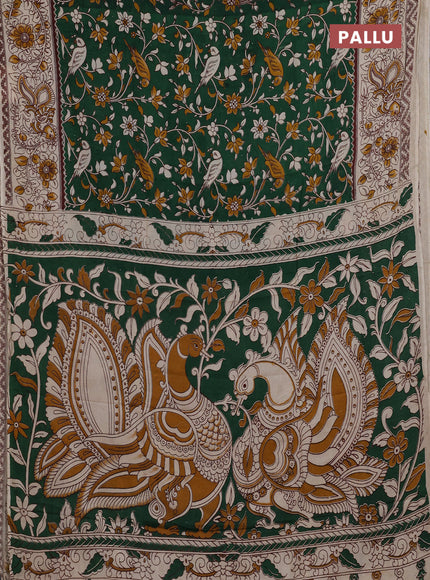 Kalamkari semi silk saree green and beige with allover prints and printed border