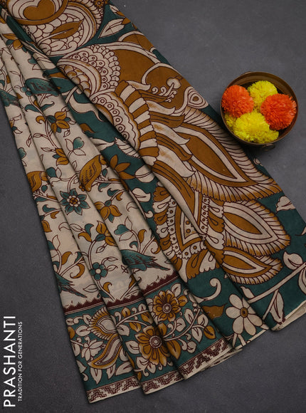 Kalamkari semi silk saree beige and gree shade with allover prints and printed border