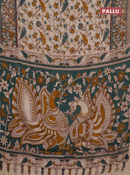 Kalamkari semi silk saree beige and gree shade with allover prints and printed border