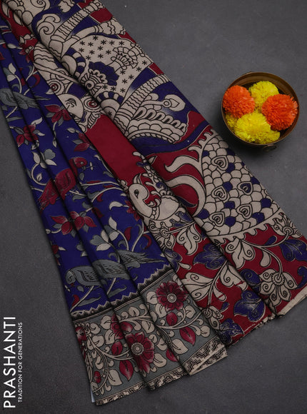 Kalamkari semi silk saree blue and grey with allover prints and printed border