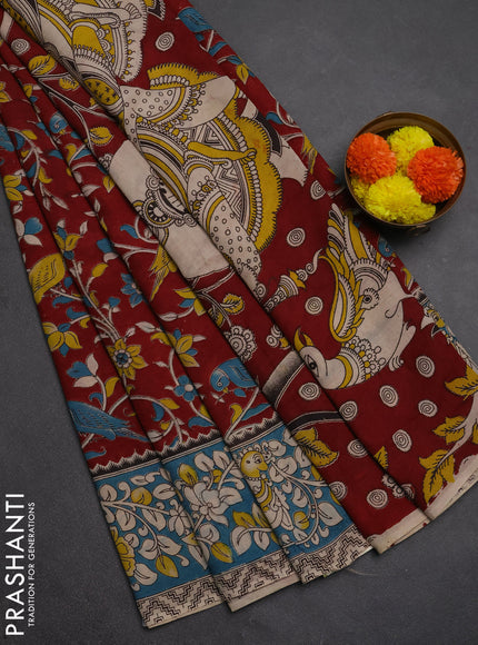 Kalamkari semi silk saree maroon and blue with allover prints and printed border