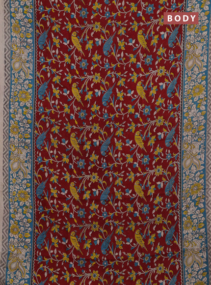 Kalamkari semi silk saree maroon and blue with allover prints and printed border