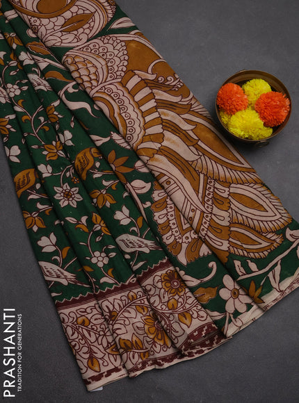 Kalamkari semi silk saree green and beige with allover prints and printed border