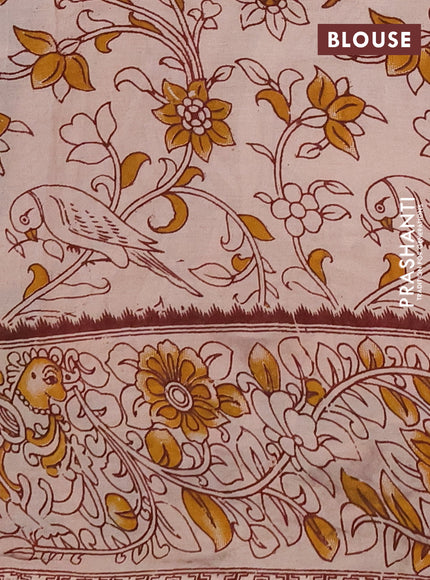 Kalamkari semi silk saree green and beige with allover prints and printed border