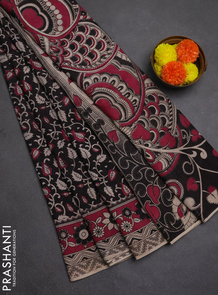 Kalamkari semi silk saree black and magenta pink with allover prints and printed border
