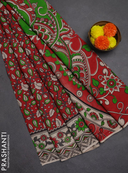 Kalamkari semi silk saree maroon and beige with allover prints and printed border