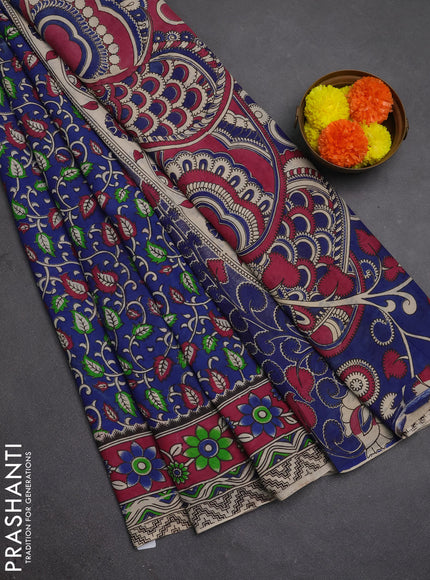 Kalamkari semi silk saree blue and magenta pink with allover prints and printed border