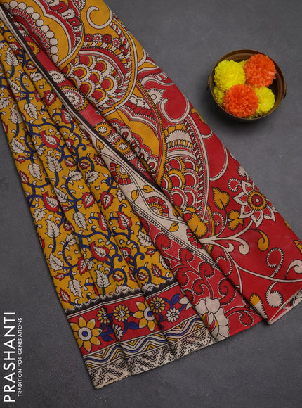 Kalamkari semi silk saree mustard yellow and red with allover prints and printed border