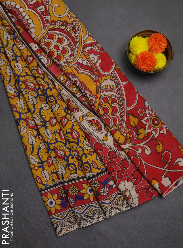 Kalamkari semi silk saree mustard yellow and red with allover prints and printed border