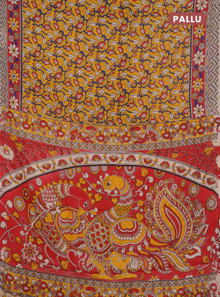 Kalamkari semi silk saree mustard yellow and red with allover prints and printed border