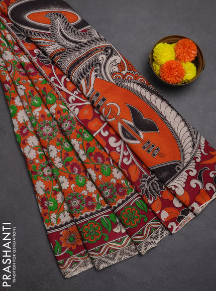 Kalamkari semi silk saree orange and magenta pink with allover prints and printed border