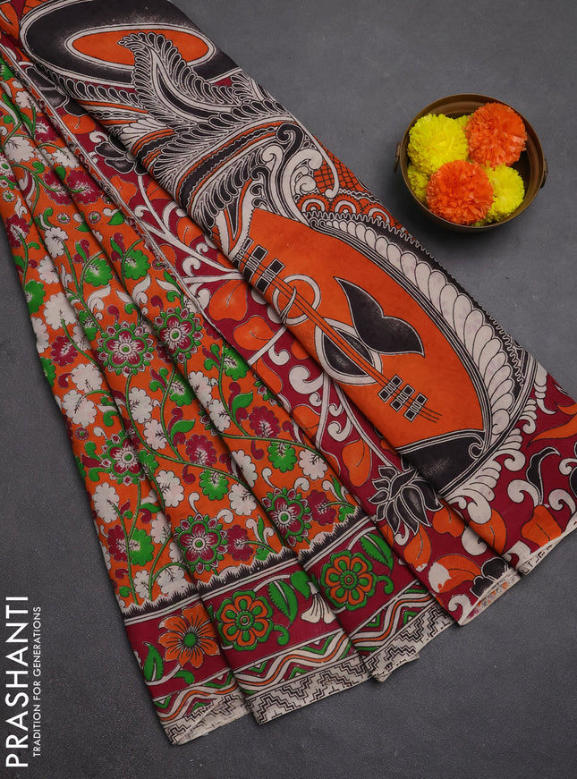 Kalamkari semi silk saree orange and magenta pink with allover prints and printed border
