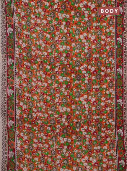 Kalamkari semi silk saree orange and magenta pink with allover prints and printed border