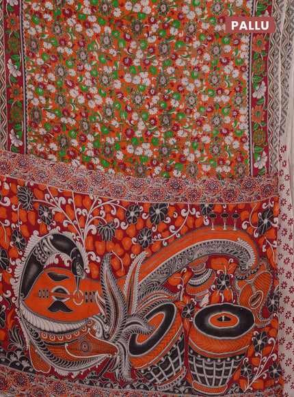Kalamkari semi silk saree orange and magenta pink with allover prints and printed border