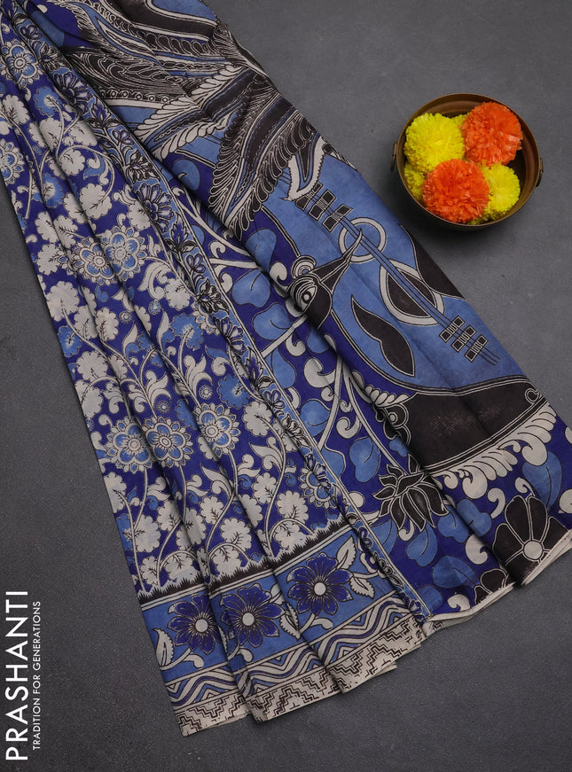 Kalamkari semi silk saree blue with allover prints and printed border