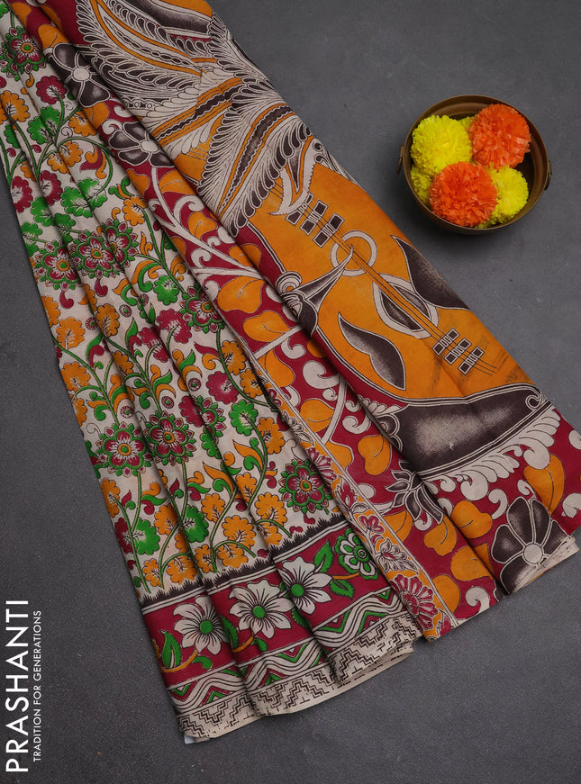 Kalamkari semi silk saree beige and magenta pink with allover prints and printed border