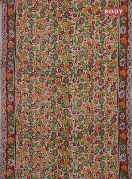 Kalamkari semi silk saree beige and magenta pink with allover prints and printed border