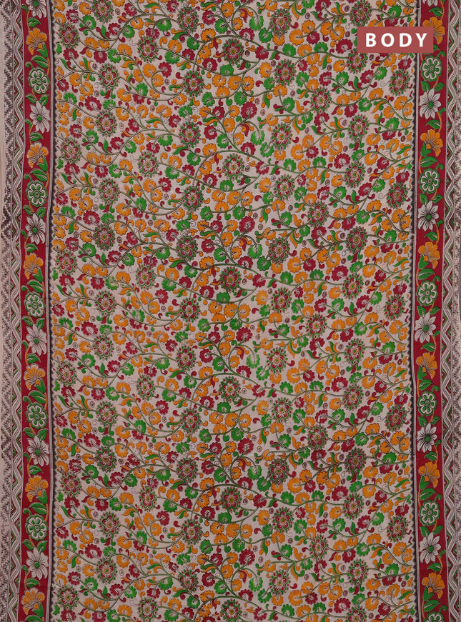 Kalamkari semi silk saree beige and magenta pink with allover prints and printed border