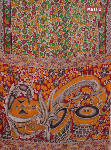 Kalamkari semi silk saree beige and magenta pink with allover prints and printed border