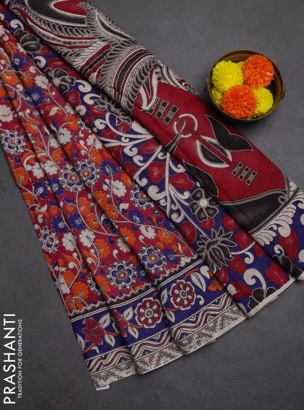 Kalamkari semi silk saree magenta pink and blue with allover prints and printed border