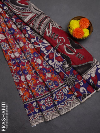 Kalamkari semi silk saree magenta pink and blue with allover prints and printed border