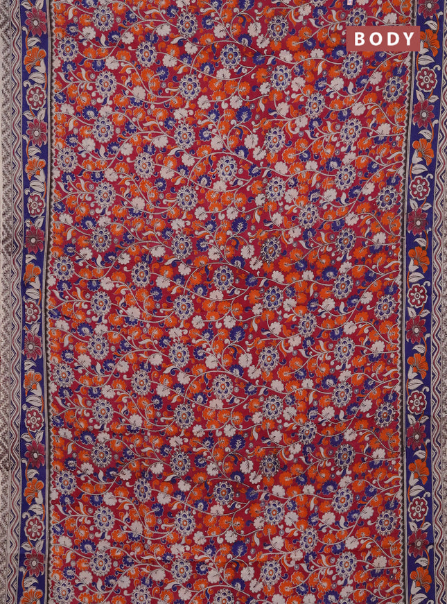 Kalamkari semi silk saree magenta pink and blue with allover prints and printed border