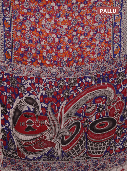 Kalamkari semi silk saree magenta pink and blue with allover prints and printed border