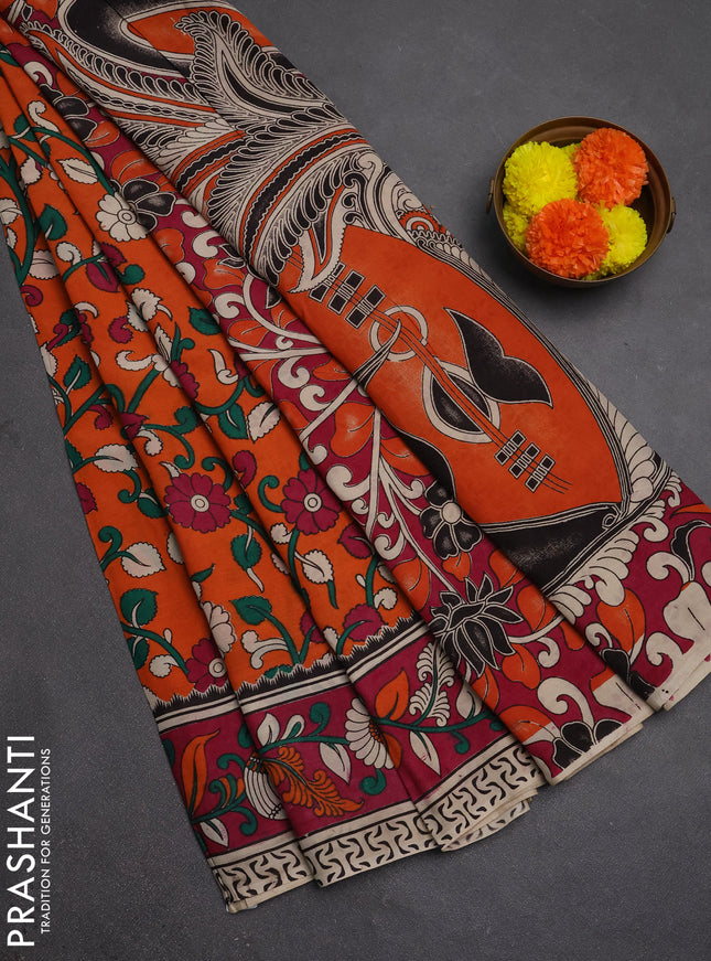 Kalamkari semi silk saree orange and magenta pink with allover prints and printed border
