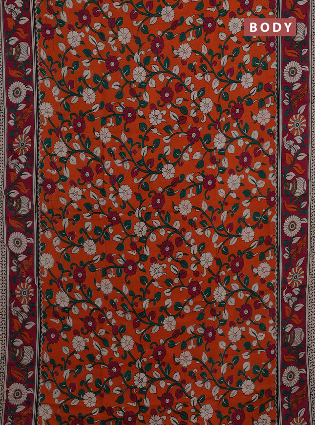 Kalamkari semi silk saree orange and magenta pink with allover prints and printed border