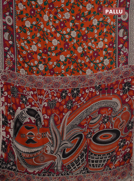Kalamkari semi silk saree orange and magenta pink with allover prints and printed border