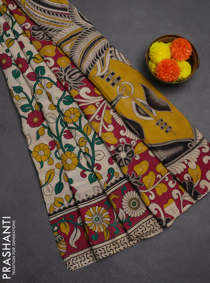 Kalamkari semi silk saree beige and magenta pink with allover prints and printed border