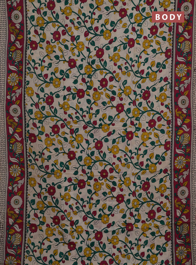 Kalamkari semi silk saree beige and magenta pink with allover prints and printed border