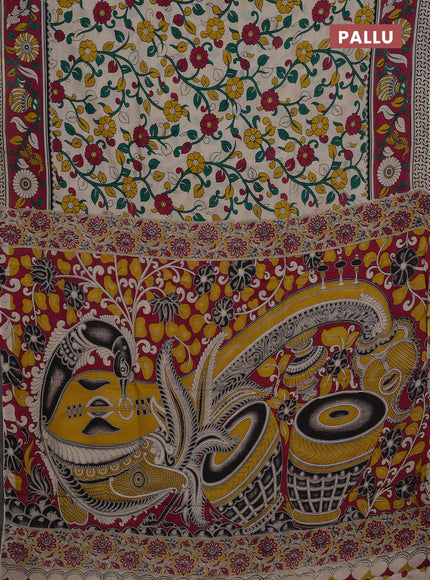 Kalamkari semi silk saree beige and magenta pink with allover prints and printed border