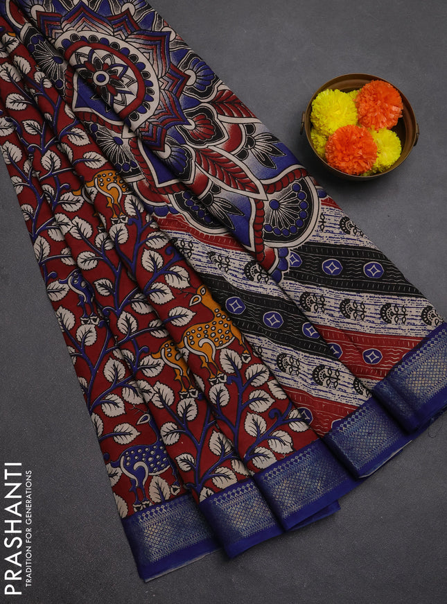 Kalamkari semi silk saree maroon and blue with allover prints and mangalgiri border