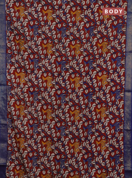 Kalamkari semi silk saree maroon and blue with allover prints and mangalgiri border