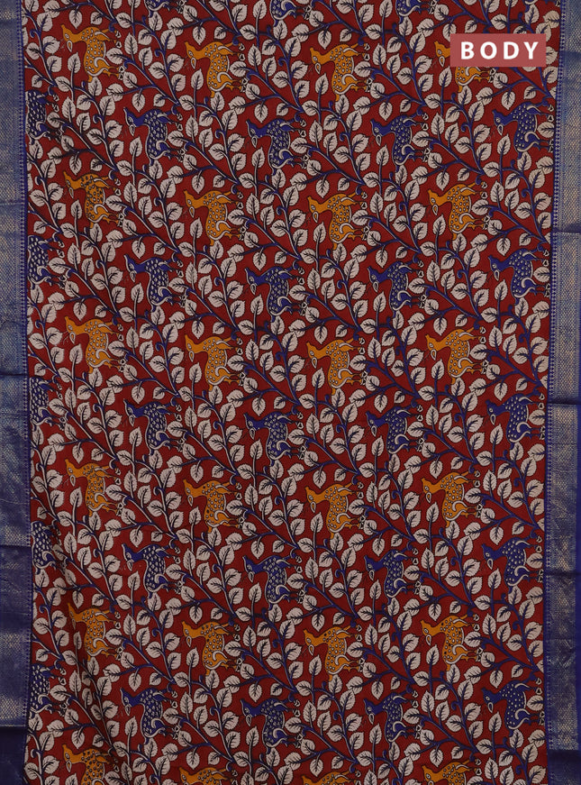 Kalamkari semi silk saree maroon and blue with allover prints and mangalgiri border