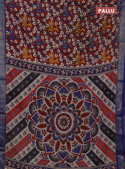 Kalamkari semi silk saree maroon and blue with allover prints and mangalgiri border